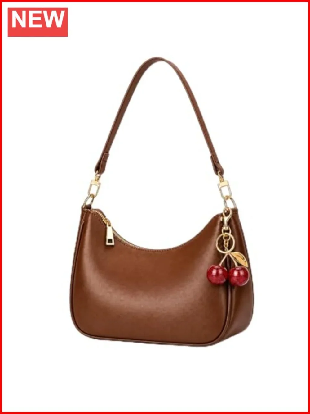 Women's Faux Leather Hobo Shoulder Bag with Zipper & Cherry Charm